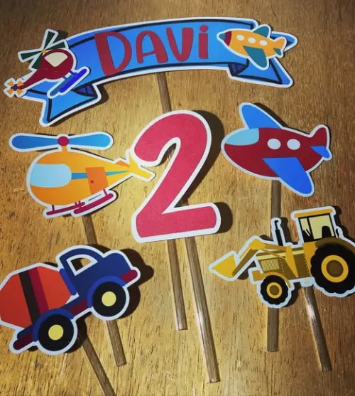 Kit topper de bolo + 20 toppers docinho Meios de transporte
