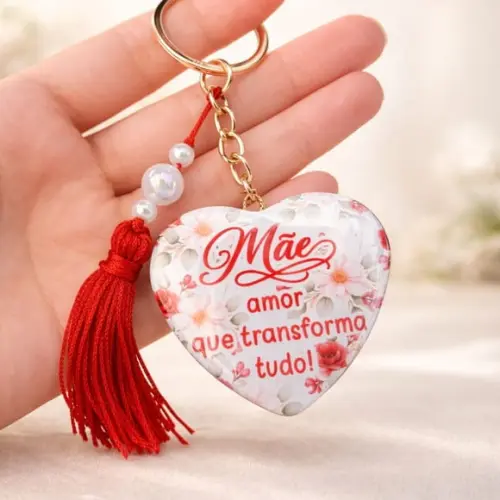 Chaveiro Dia das Mães Coração com Tassel e Pérolas com Card (