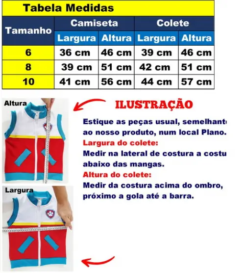 Colete Pikachu Tabela de Tamanho 08 e 10 Anos