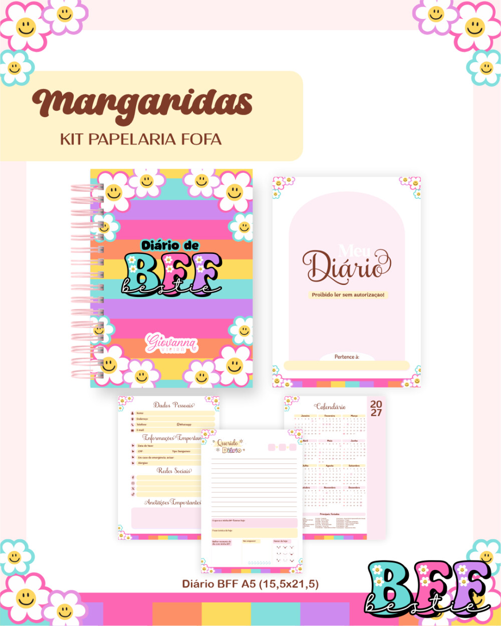 Diário e Bloquinho Margaridas BFF PDF PNG Arquivo Digital