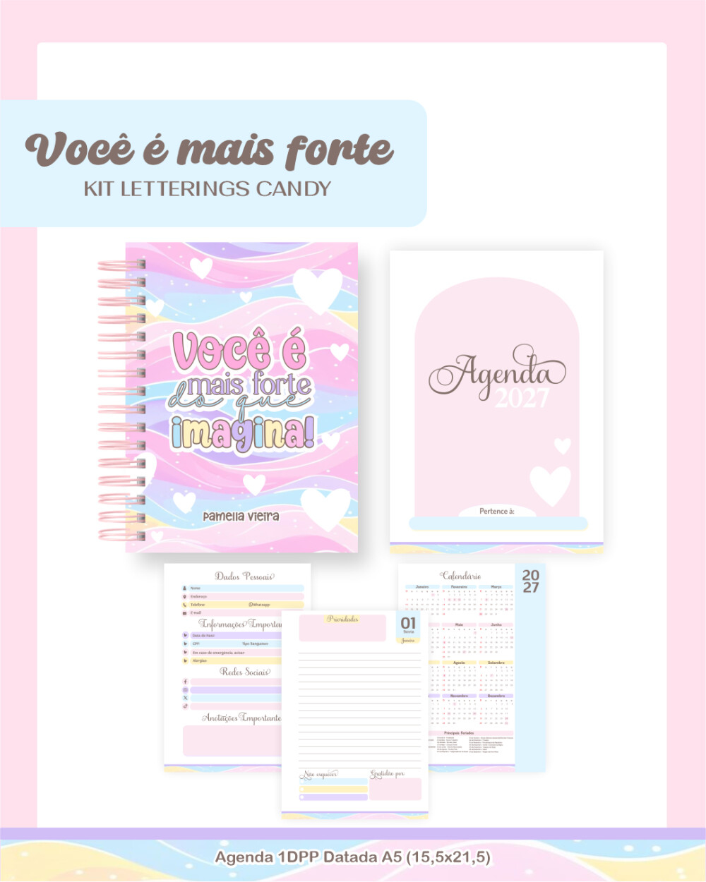 Agenda Escolar Lettering Candy 2027 PDF PNG Arquivo Digital