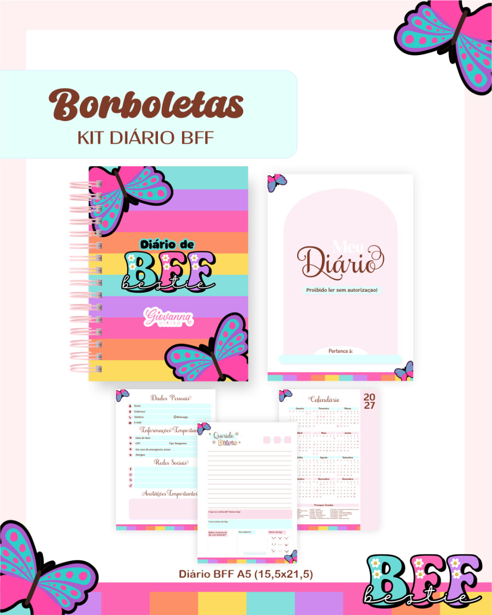 Diário e Bloquinho Borboletas PDF PNG Arquivo Digital
