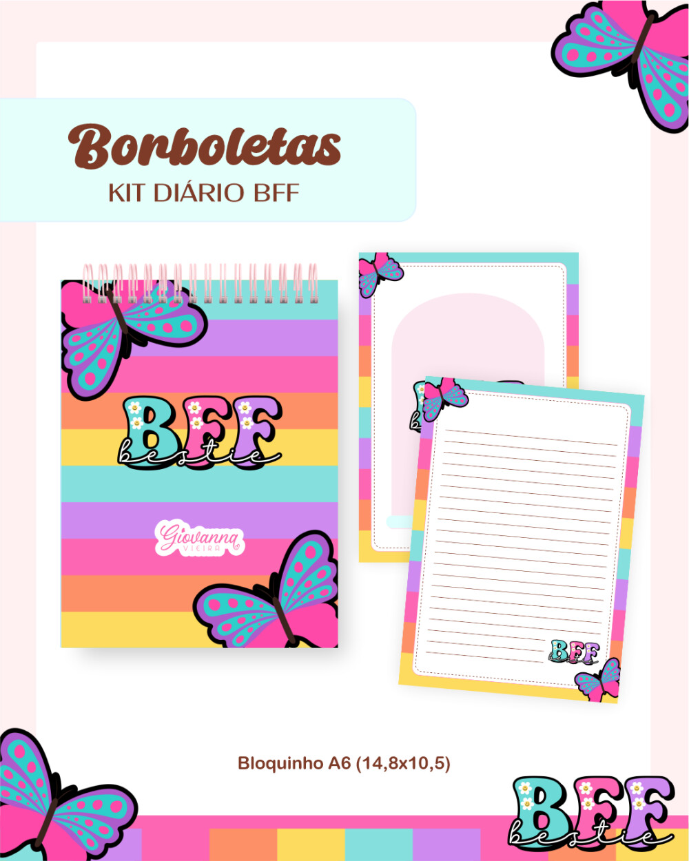 Diário e Bloquinho Borboletas PDF PNG Arquivo Digital