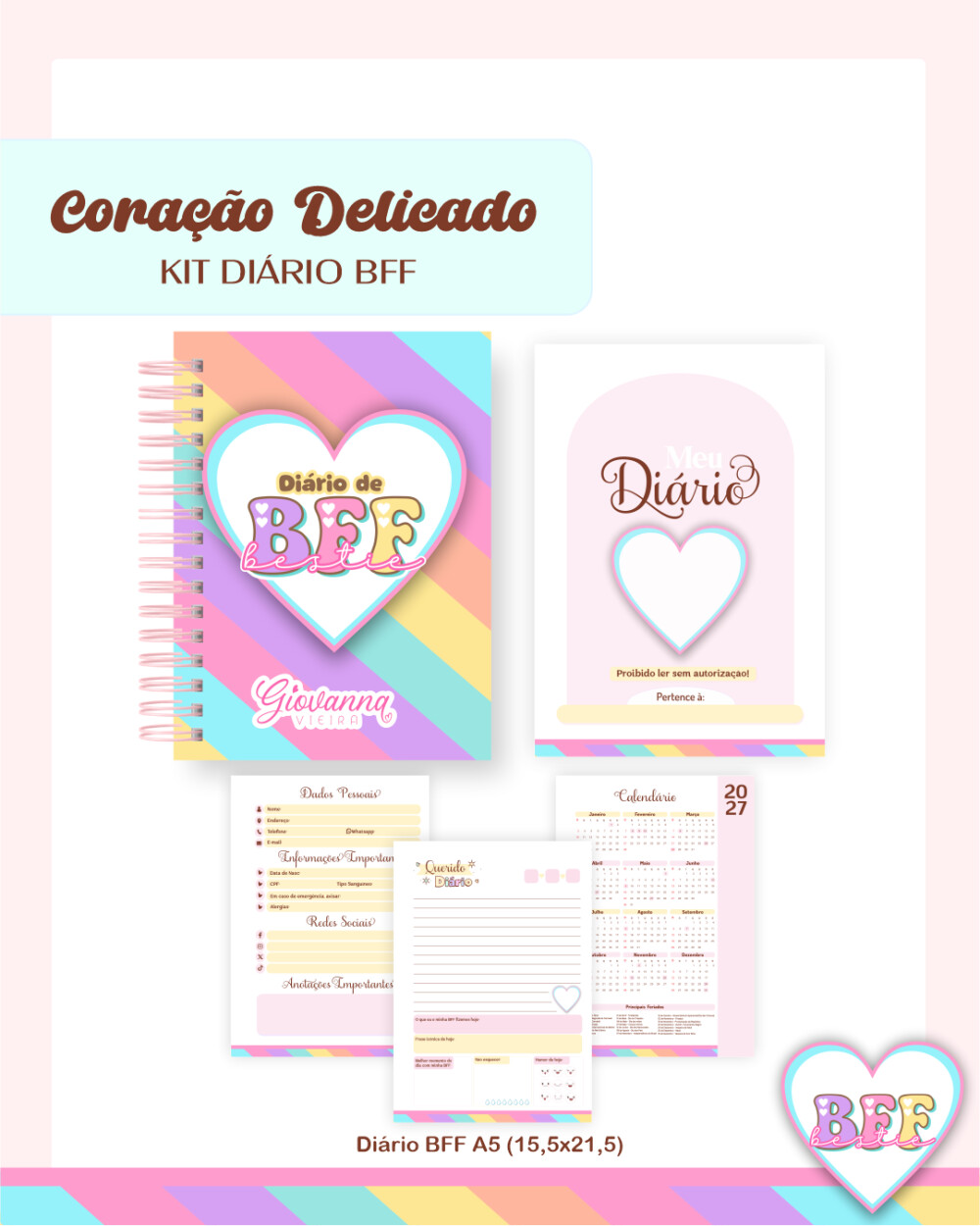 Diário Coração Delicado 2027 PDF PNG Arquivo Digital
