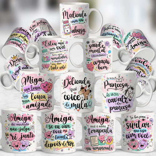 Kit 17 Artes Caneca Amizade Deboche (PNG, PDF e Corel)