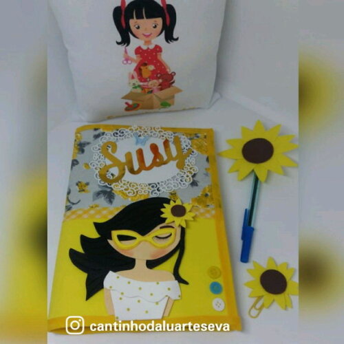 Caderno + Caneta + Clip Girassol em Eva