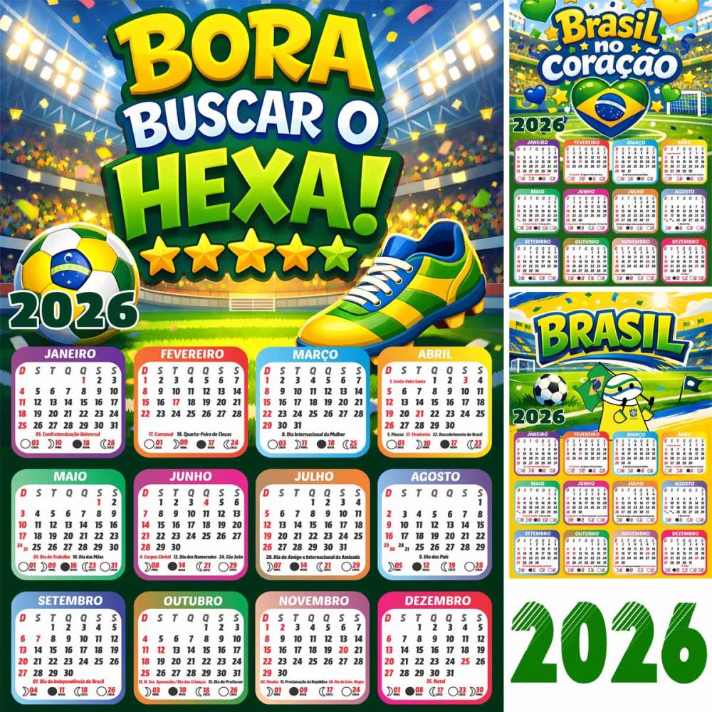 Artes Calendários 2026 Png Copa Mundo Futebol Sublimação