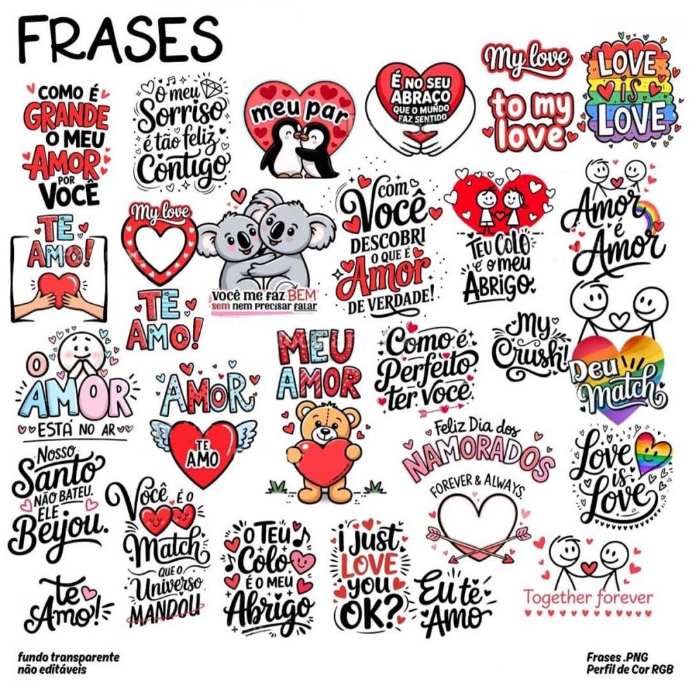 Artes Digitais Pandoca Namorados Pack7 Frases Coloridas