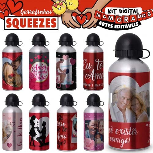 Artes Namorados Garrafinhas Squeezes 30 Estampas Editáveis Mocku