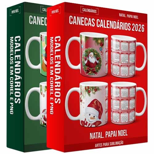 Artes Sublimação Canecas Calendários 2026 Natal Mockups