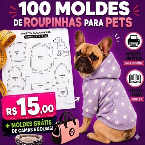 Pacote 100 Moldes Pet Cães Gatos Modelagens Roupinhas