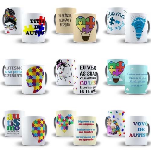 Pacote 60 Artes Estampas Canecas Autista Autismo Editáveis
