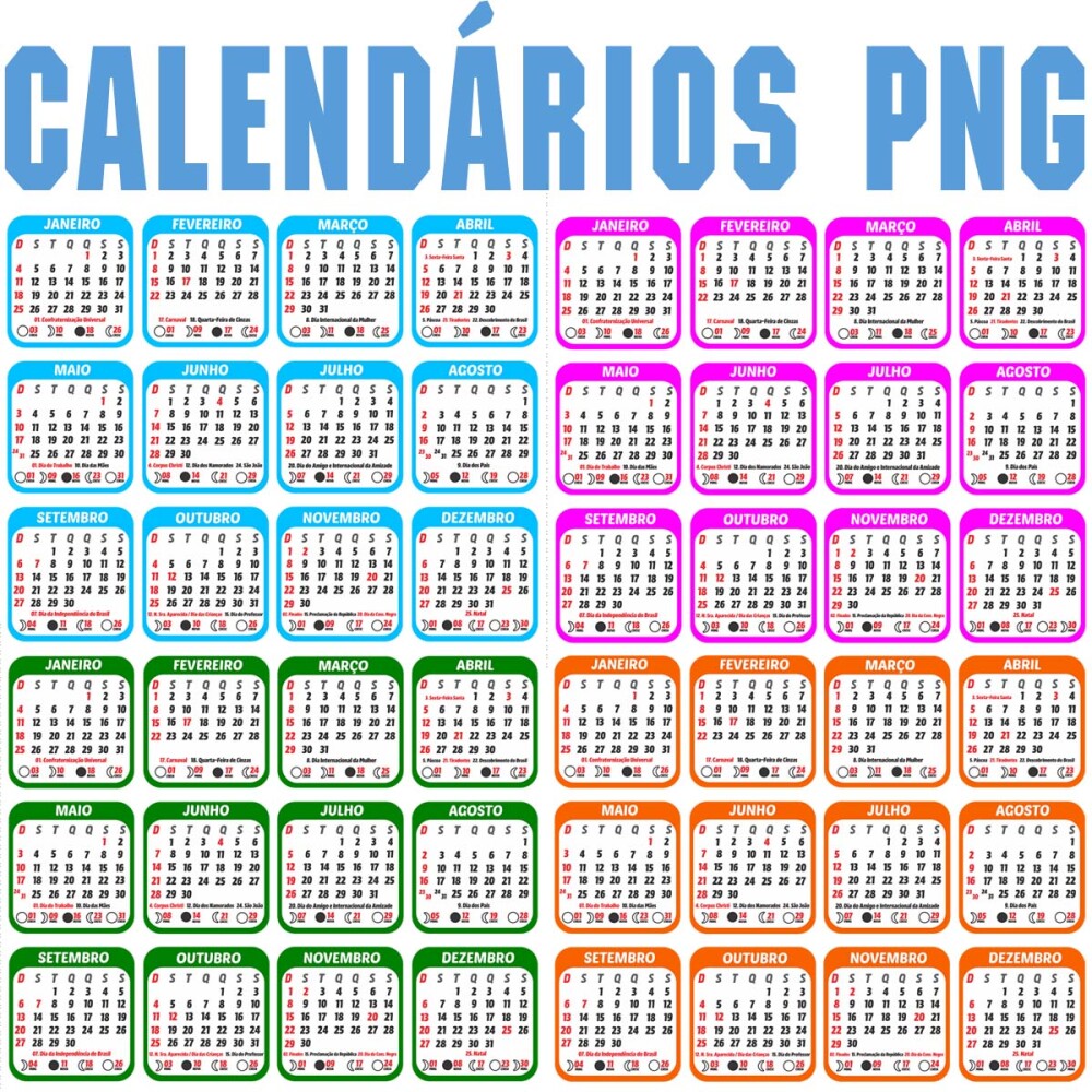Calendários Png Base 2026 Feriados para Imprimir Pack Artes