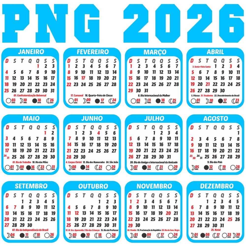 Calendários Png Base 2026 Feriados para Imprimir Pack Artes