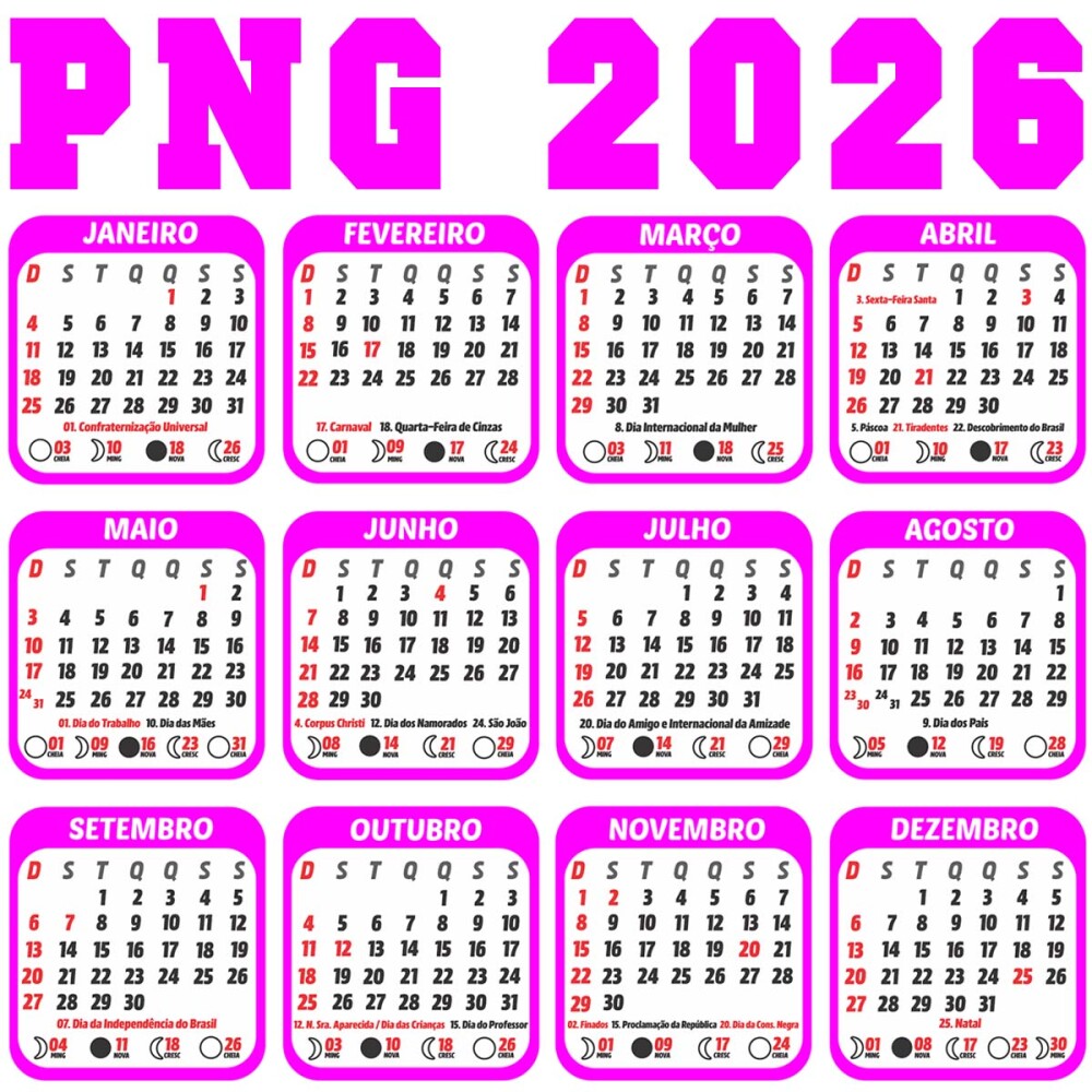 Calendários Png Base 2026 Feriados para Imprimir Pack Artes