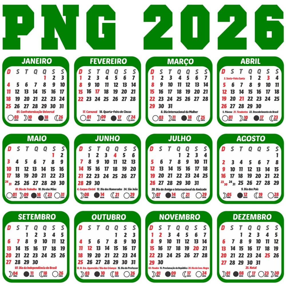 Calendários Png Base 2026 Feriados para Imprimir Pack Artes