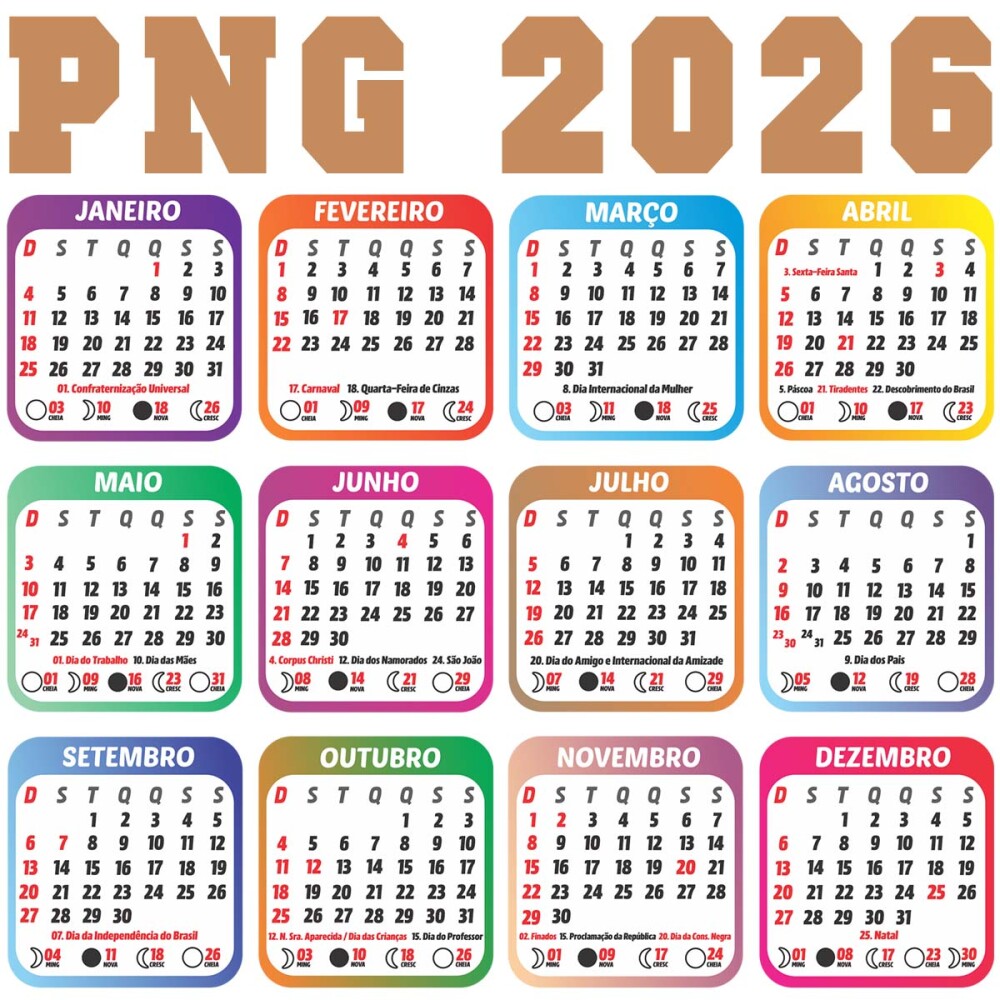 Pacote Calendários Png Base 2026 Feriados para Imprimir