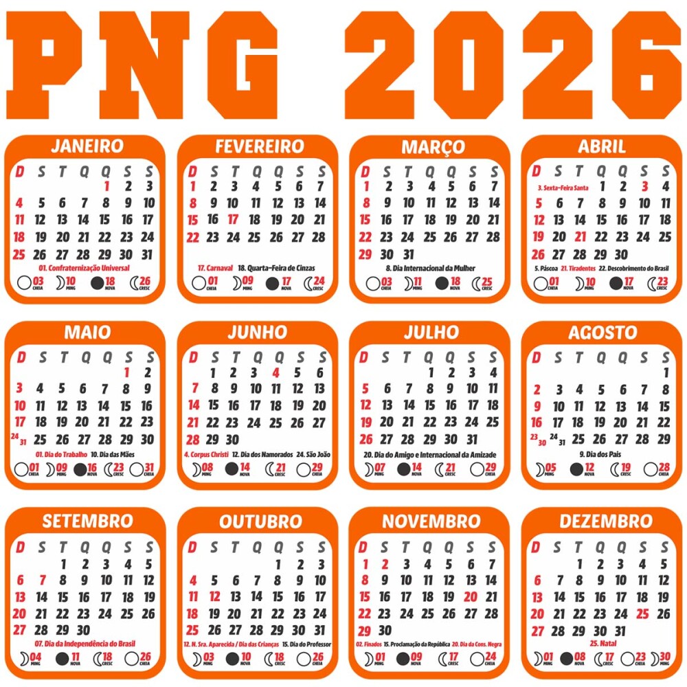 Pacote Calendários Png Base 2026 Feriados para Imprimir