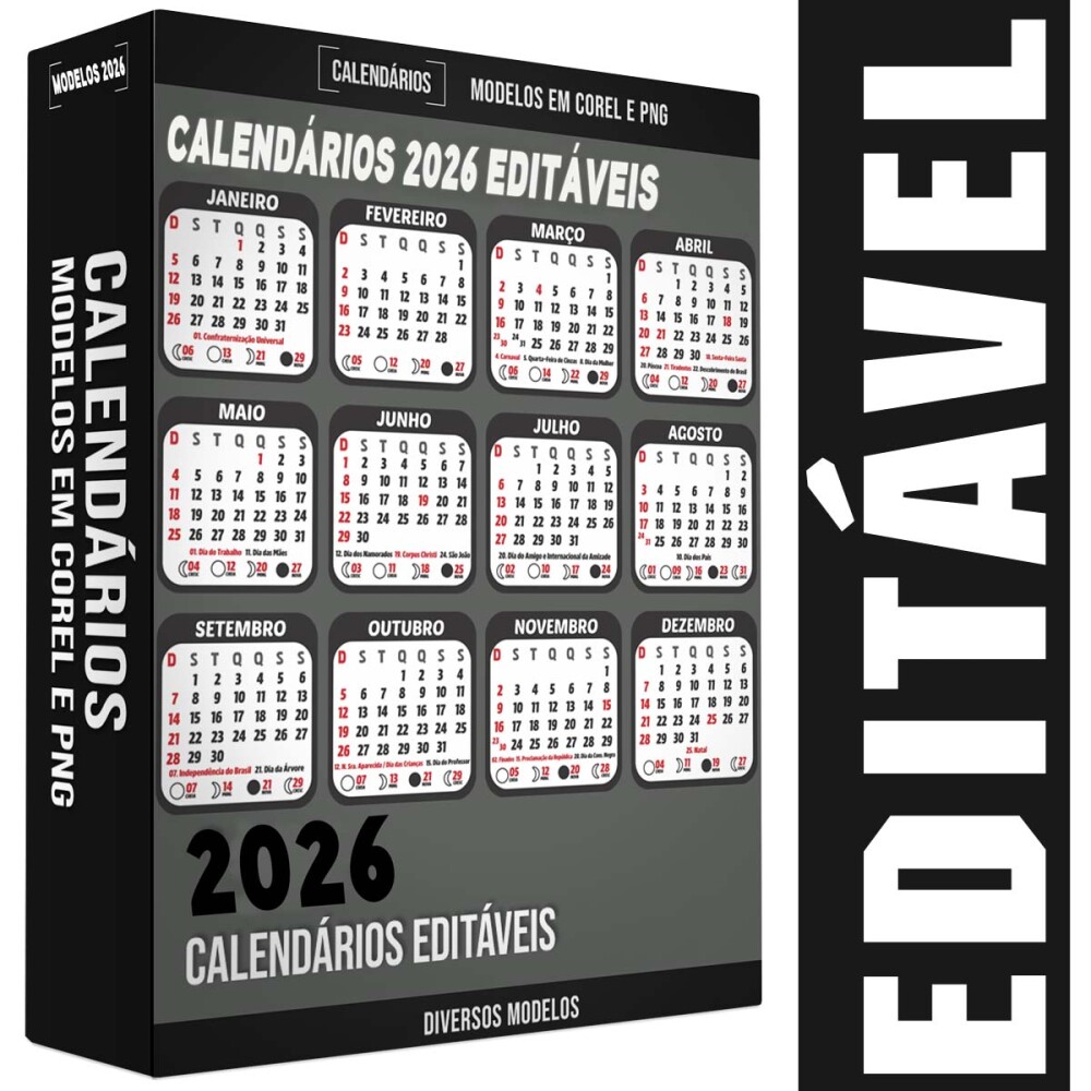 Calendários Digitais 2026 Editável Corel Png Calendário Arte