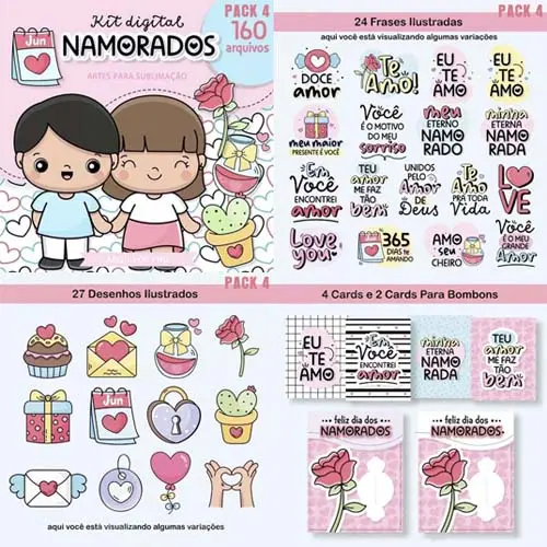 Artes Dia dos Namorados Frases Bonequinhos Sublimação Pack 4