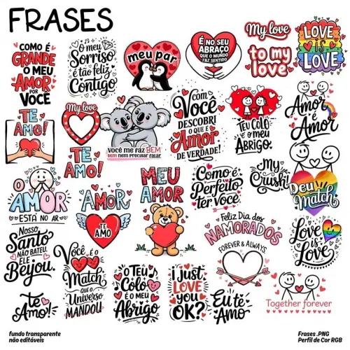 Artes Digitais Pandoca Namorados Pack7 Frases Coloridas