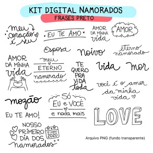 Estampas Dia Namorados Frases Coloridas Pandoca Pack 1 Png