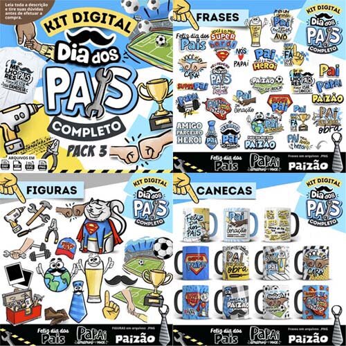 Pacote Artes Dia dos Pais Pandoca Pack3 Frases Coloridas Png