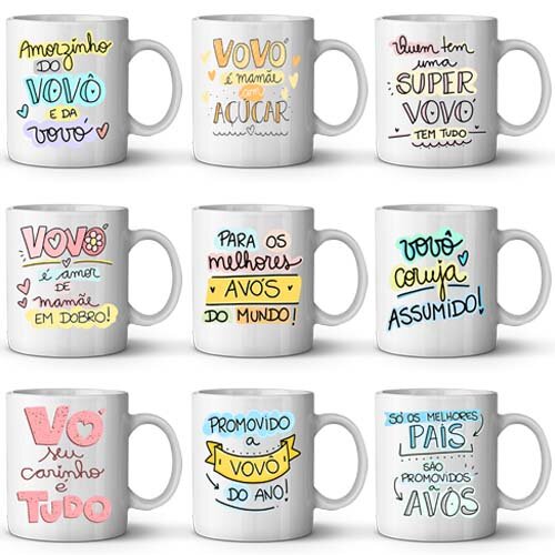Pack Artes Dia dos Avós Avó Avô Frases Coloridas Canecas