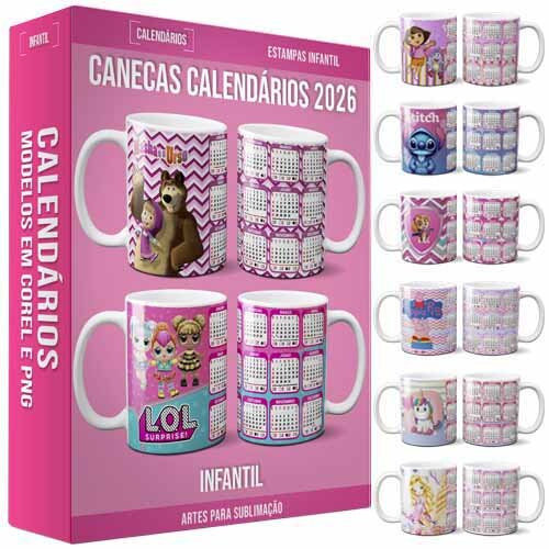 Pacote 35 Artes Calendários 2026 Canecas Infantil Sublimação