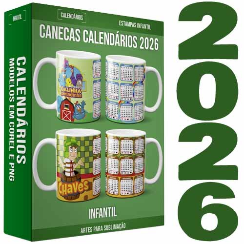 Pack 35 Artes Canecas Infantil Crianças Calendários 2026