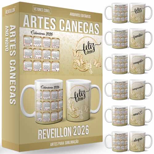 Estampas Canecas Calendários Ano Novo 2026 Reveillon