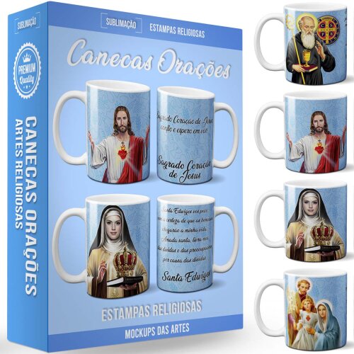 Pacote 30 Artes Canecas Orações Católicas Sublimação Mockups