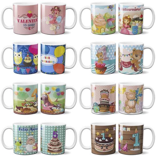 Artes Canecas Aniversário Parabéns Editáveis 40 Estampas