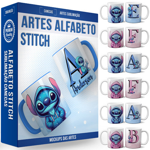 Artes Sublimação Canecas Alfabeto Stitch Mockups Estampas