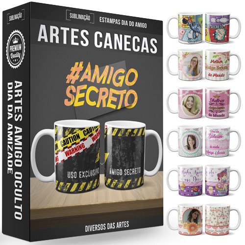 Artes Canecas Amigo Oculto Secreto Editável Mockups Estampas