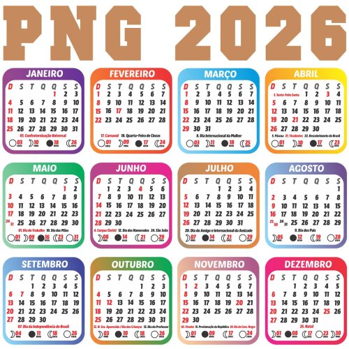Calendários Png Base 2026 Feriados para Imprimir Pack Artes