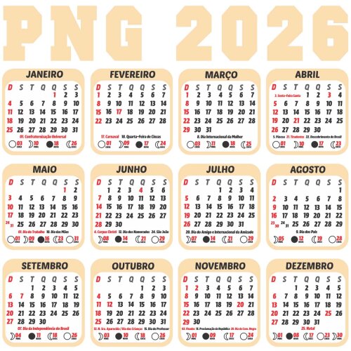 Calendários Png Base 2026 Feriados para Imprimir Pack Artes