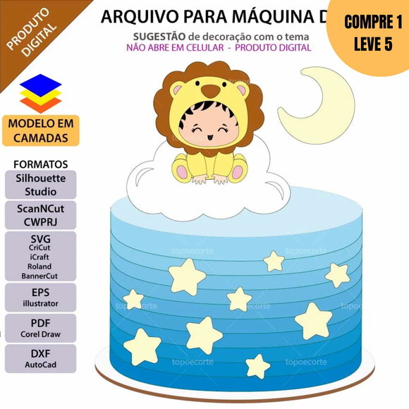 Arquivo de Corte Bebe Leãzinho Nuvem Topo de Bolo -2641