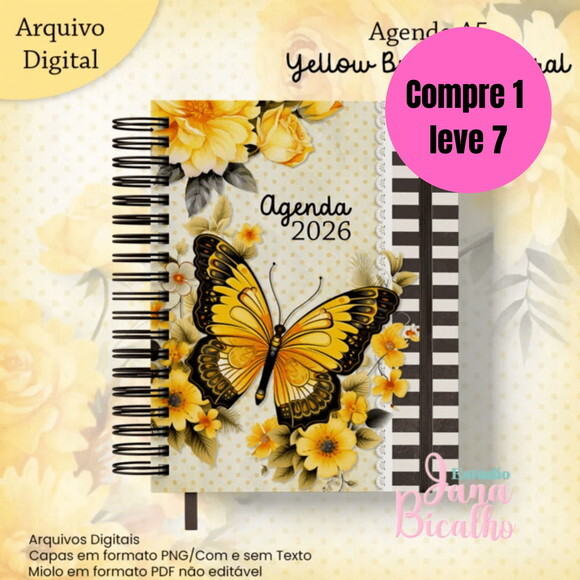 Arquivo Digital Agenda A5 Yellow Butterfly Floral -6455