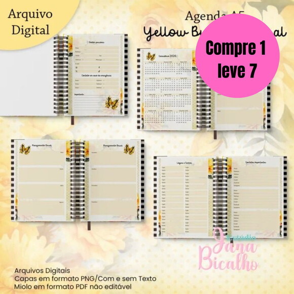 Arquivo Digital Agenda A5 Yellow Butterfly Floral -6455