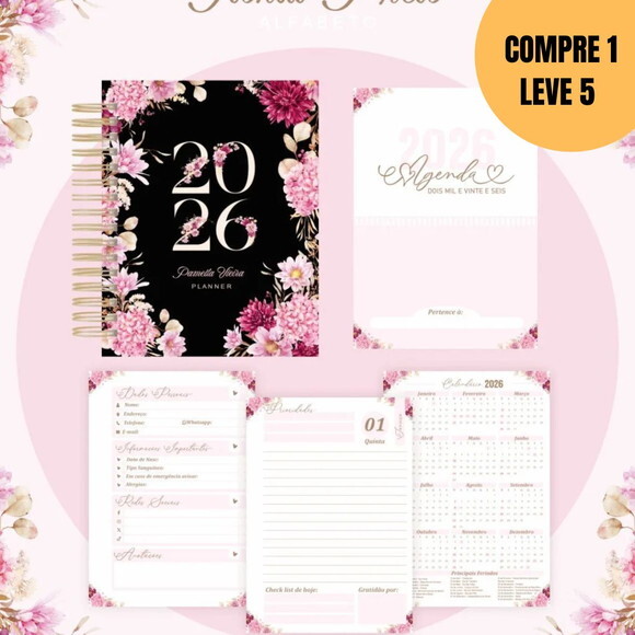 Arquivo Digital Alfabeto Floral Preta Agendas -5007