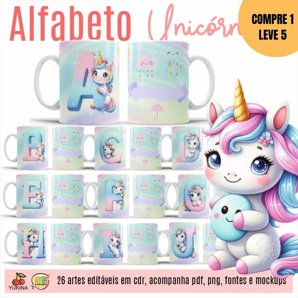 Arquivo Digital Alfabeto Unicórnio Estampas Canecas -4200