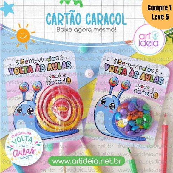 Arquivo Digital Cartão Pirulito Caracol Volta às Aulas -1217