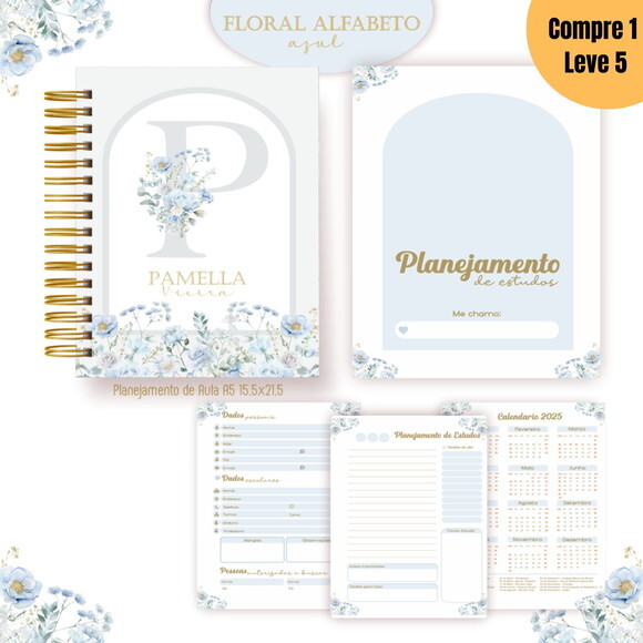 Arquivo Digital Floral Alfabeto Azul Kit Escolar 2025 -1088