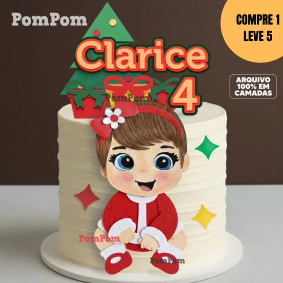 Arquivo Digital Natal Menina Laço Topo de Bolo -6062