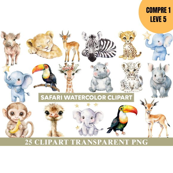 Arquivo Digital Safari Animais Aquarela Kit Digital -4023