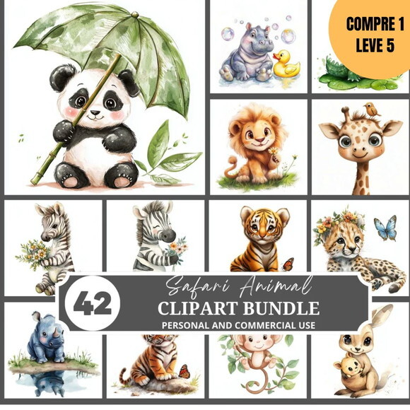 Arquivo Digital Safari Animais Aquarela Kit Digital -4019