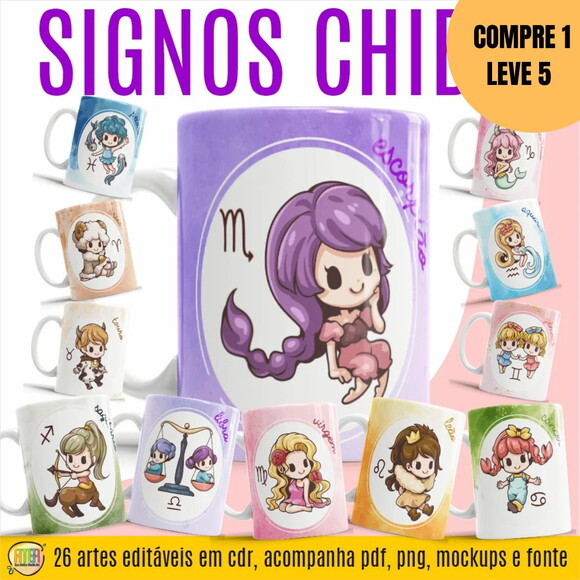 Arquivo Digital Signos Chibi Estampas Canecas -4619