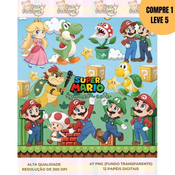 Arquivo Digital Super Mario Aquarela Cute Kit Digital -4511