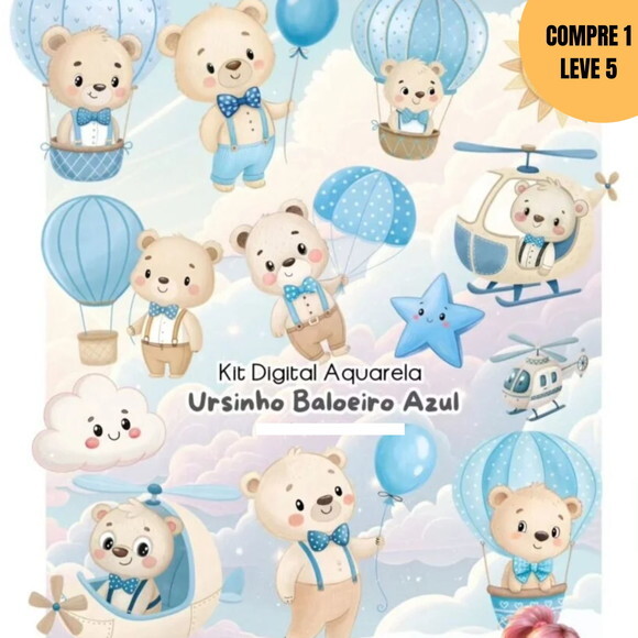 Arquivo Digital Ursinho Baloeiro Aquarelaa Kit Digital -3588